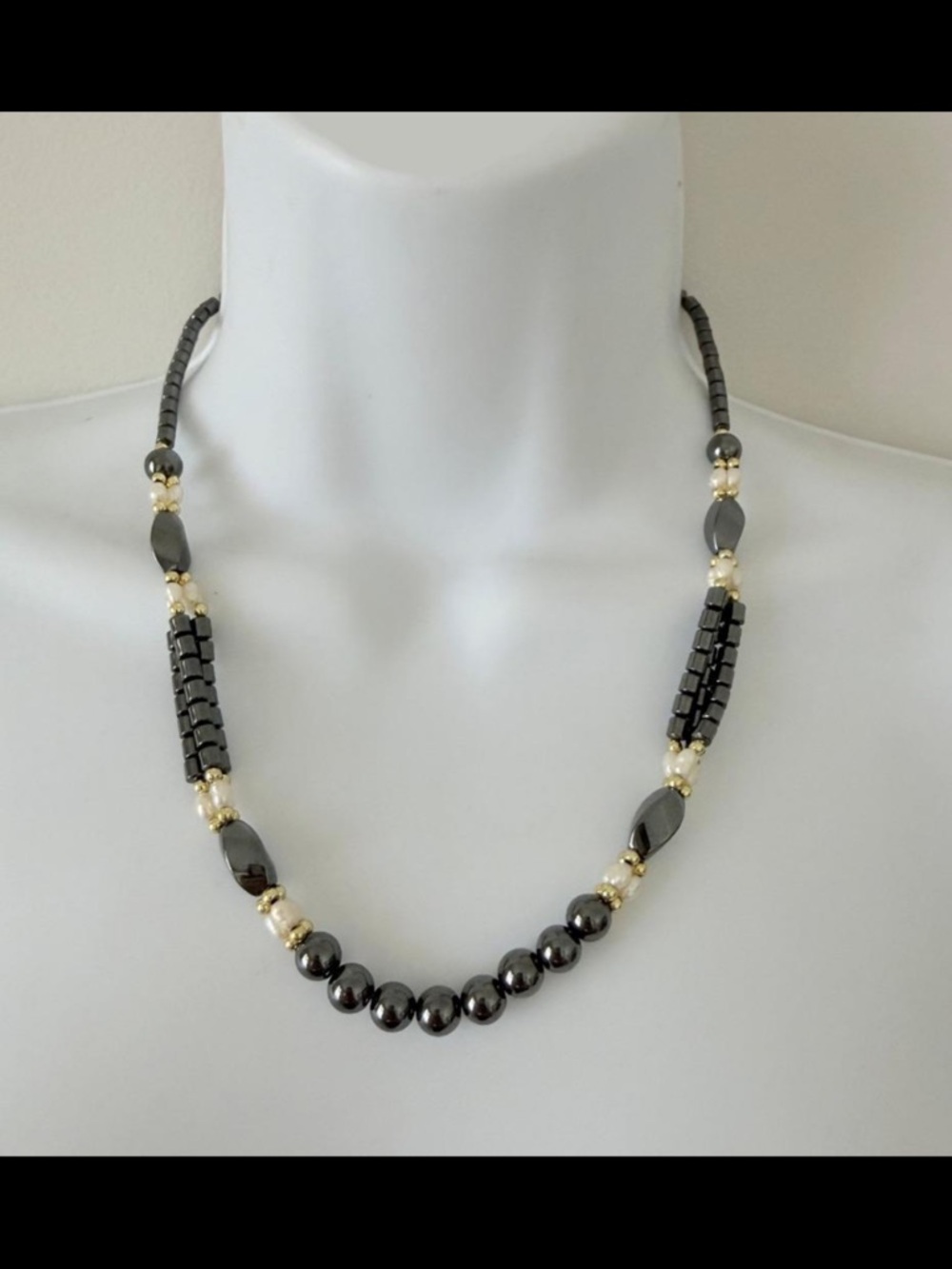 Vintage Hematite Beaded Necklace Faux Pearl Gold Accent Boho 19"
